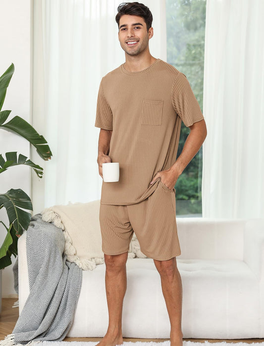 EISHOPEER Matching Pajamas for Couples 2 Piece Lounge Set Ribbed Knit Pajama Matching Tops and Shorts Soft Sleepwear S-XXL