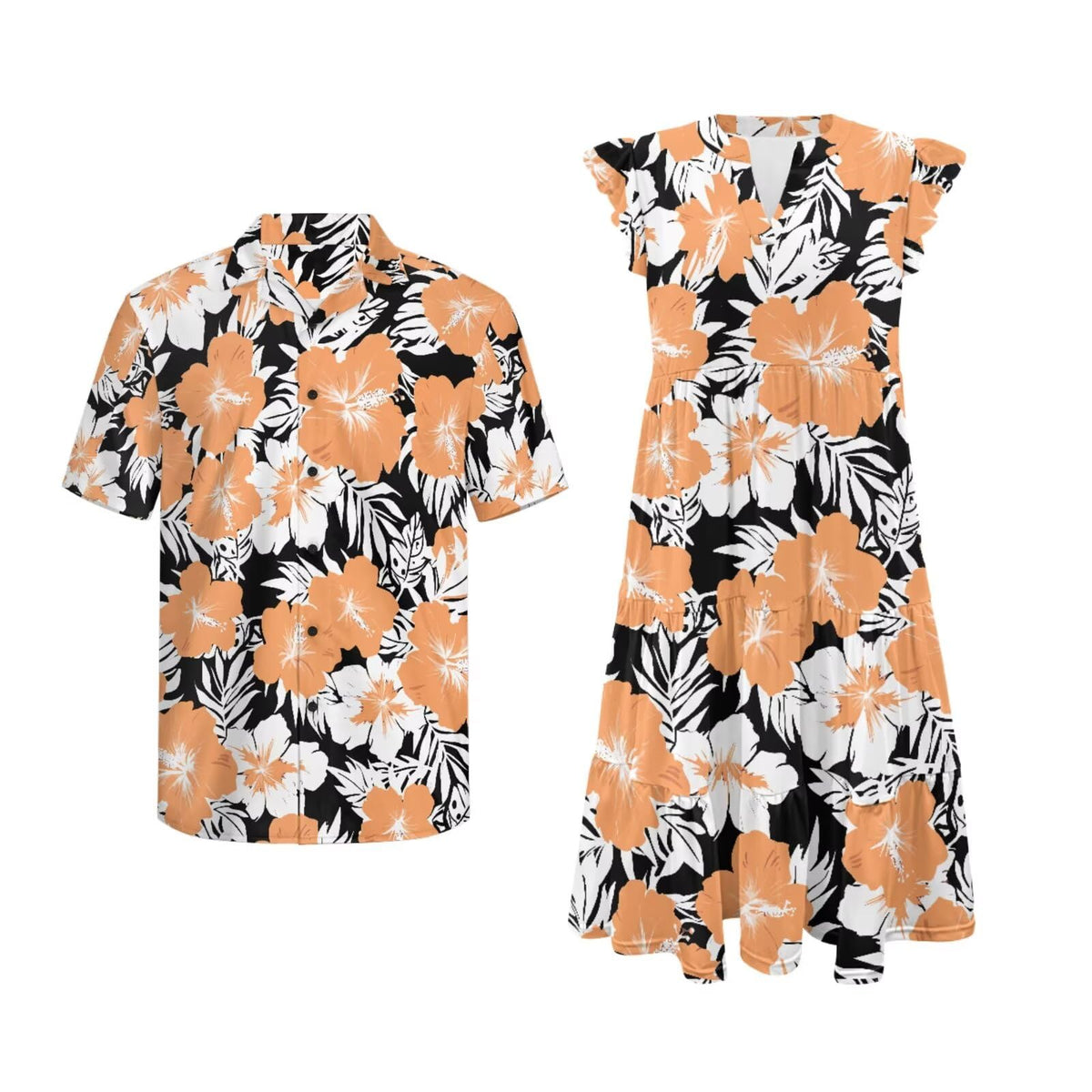 His and Hers Matching Hawaiian Outfits Mens Button Down Shirt Flowy Tiered Midi Dress