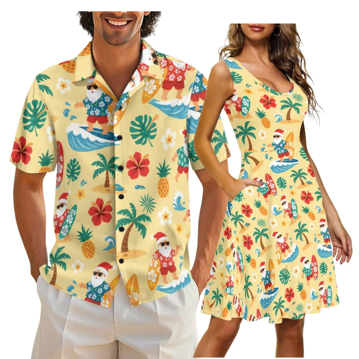 Cozeyat Matching Hawaiian Outfits for Couples Mens Button Up Polos Shirt and Women Sleeveless Sundress with Pockets