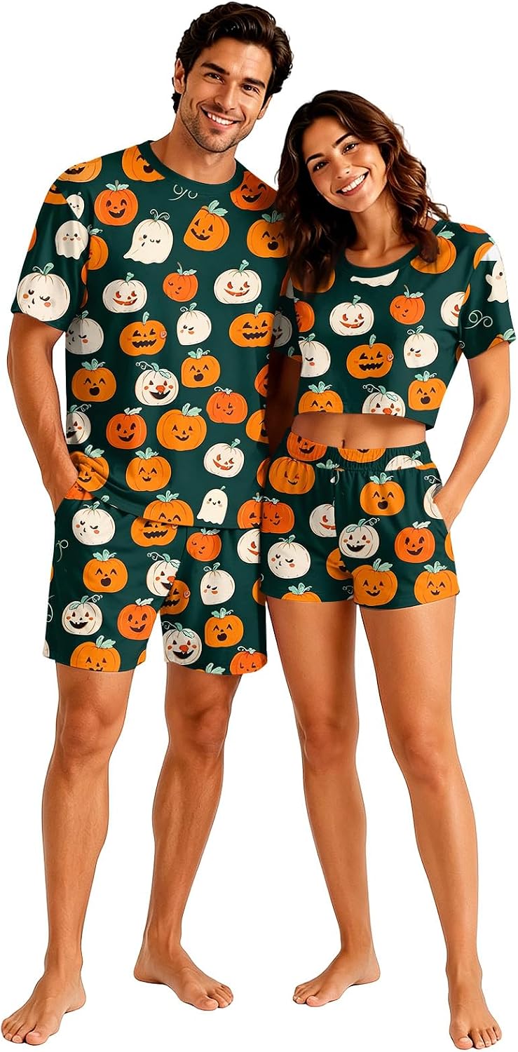 Matching Pjs for Couples Pumpkin Funny Short Sleeve Tops Matching Shorts