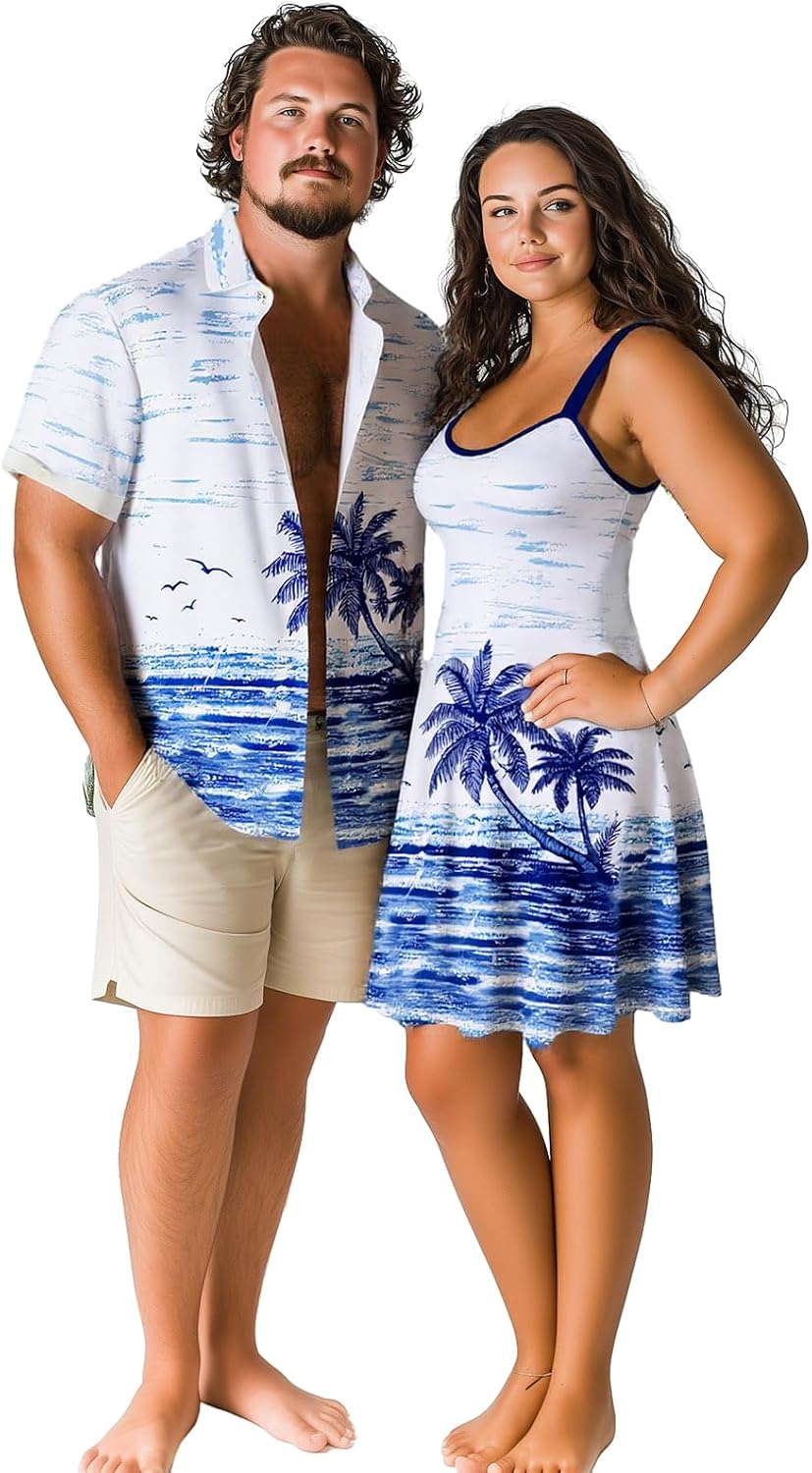 ROSE GAL Matchable Couple Hawaiian Coconut Tree Print Shirt or Plus Size Knee Length Fit and Flare Tank Dress