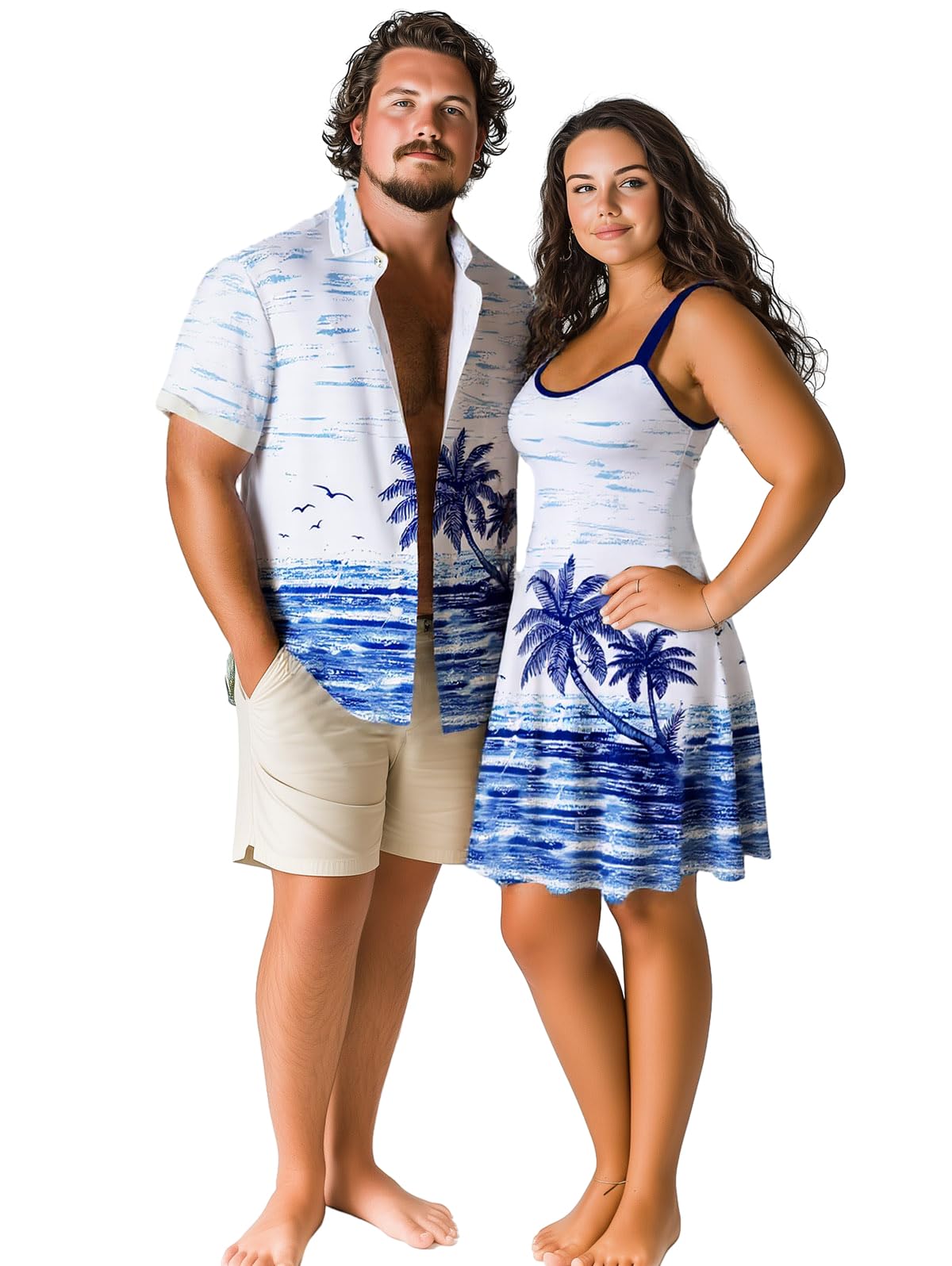 ROSE GAL Matchable Couple Hawaiian Coconut Tree Print Shirt or Plus Size Knee Length Fit and Flare Tank Dress