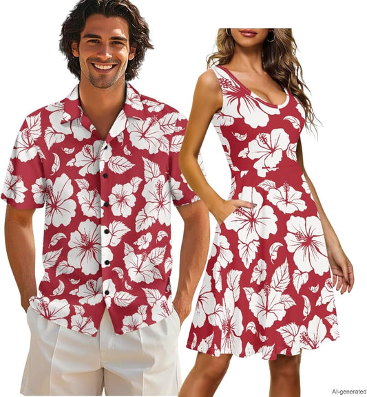 Gomyblomy Matching Hawaiian Outfits for Couples Vacation Tropical Floral Women Dress Mens Shirts His and Hers Clothing