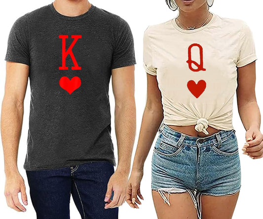 K and Q of Hearts Couple Shirt His and Hers Matching Outfit T Shirts Funny Cute Letter Print Graphic Casual Tee Tops