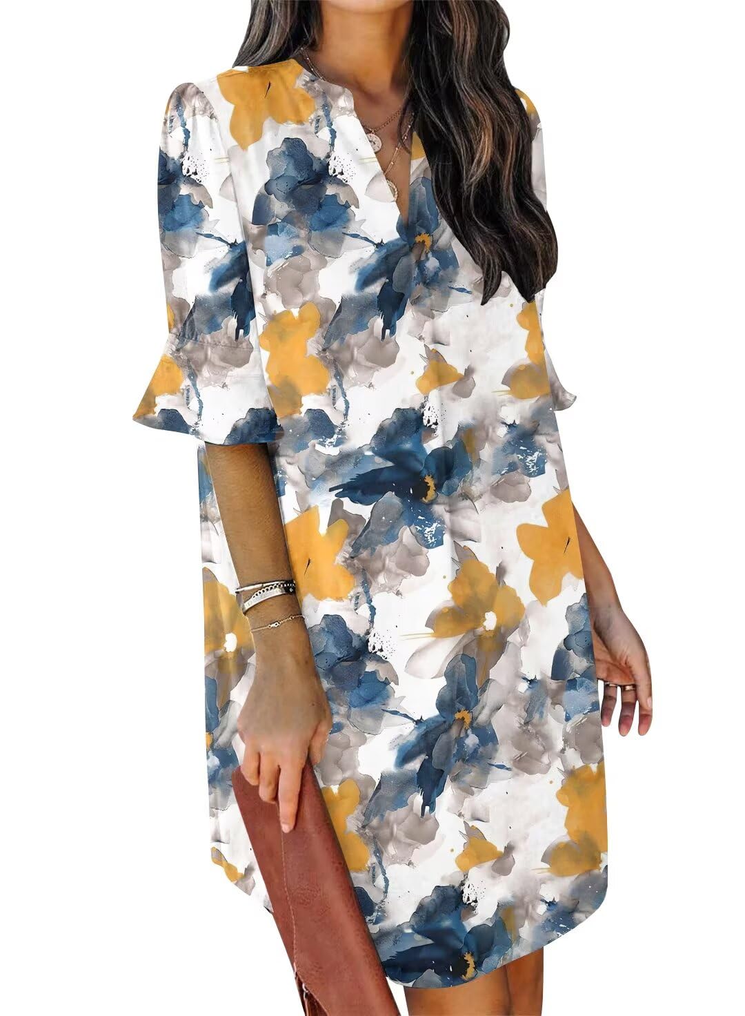 QACOHU Summer Dresses for Women V Neck Ruffle Short Sleeve Shift Dress