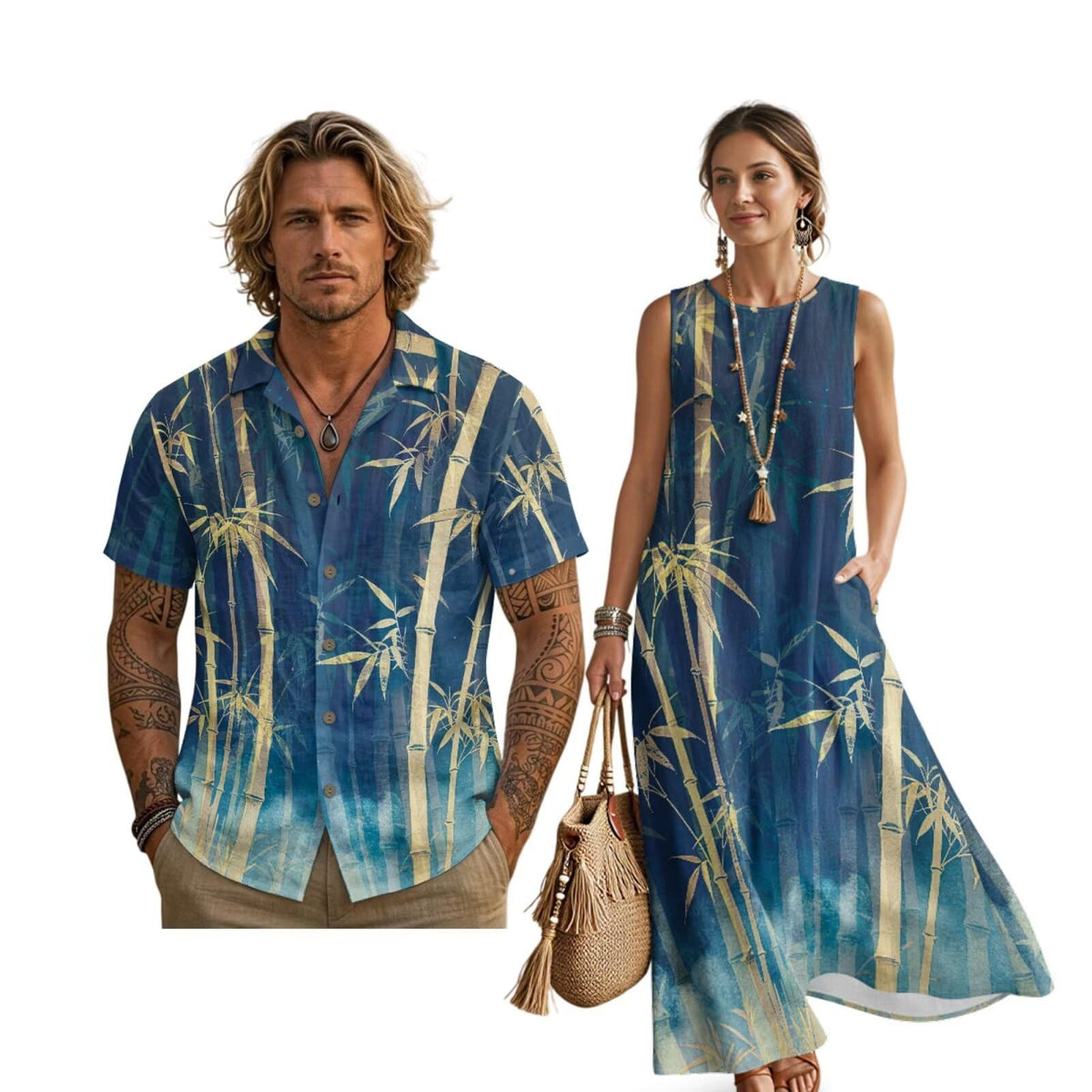 Women's Summer Dresses Sleeveless Sundresses, Men's Button Down Short Sleeve Shirts, Linen Couple Matching Outfits