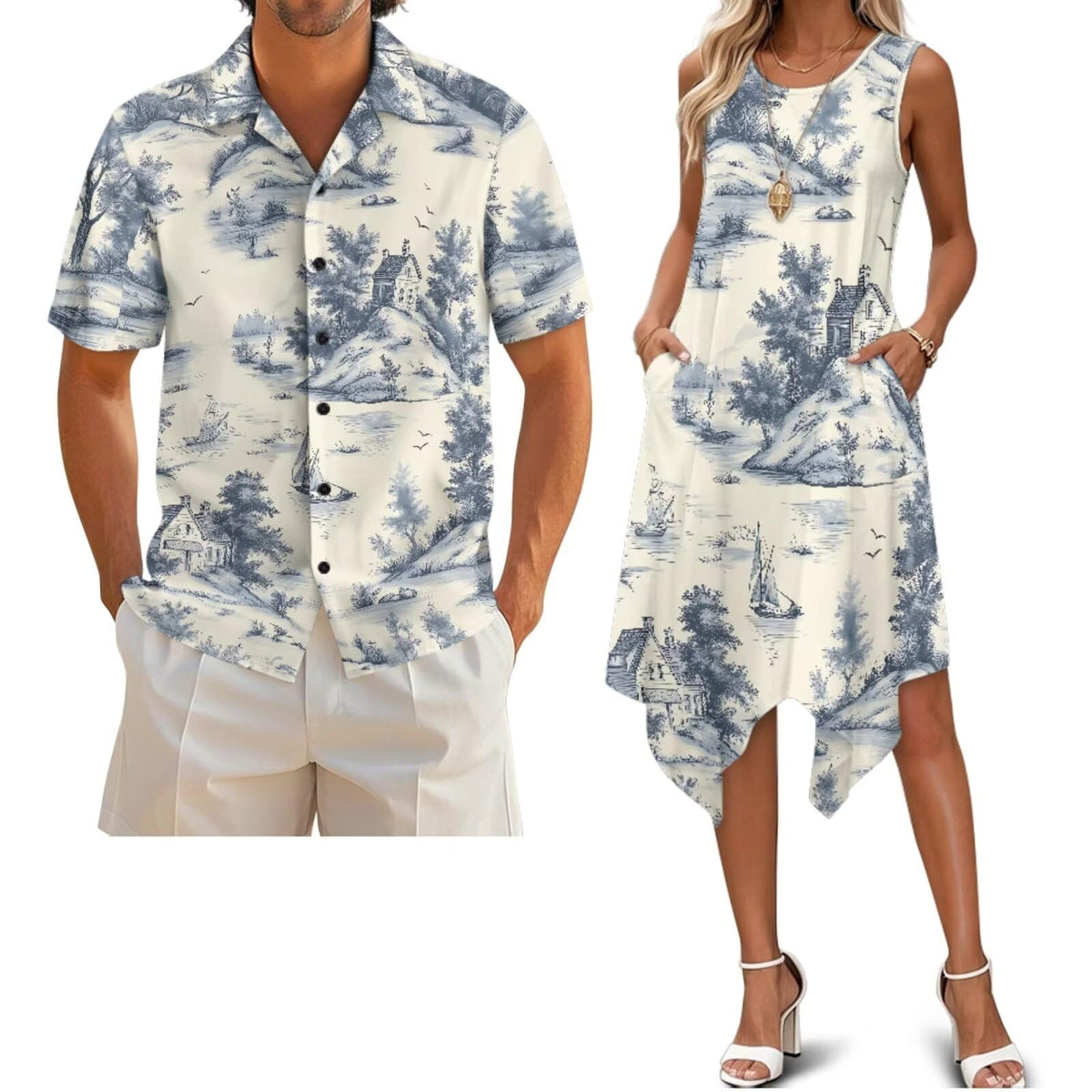 Belidome Couples Matching Outfits Husband and Wife Clothes Sleeveless Dress Button Down Short Sleeve Shirts