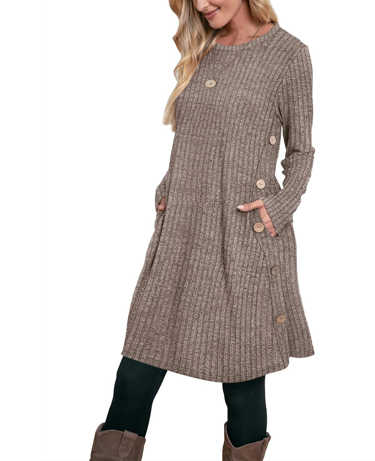 OFEEFAN Fall Dresses for Women 2026 Crew Neck Long Sleeve Dress with Pockets