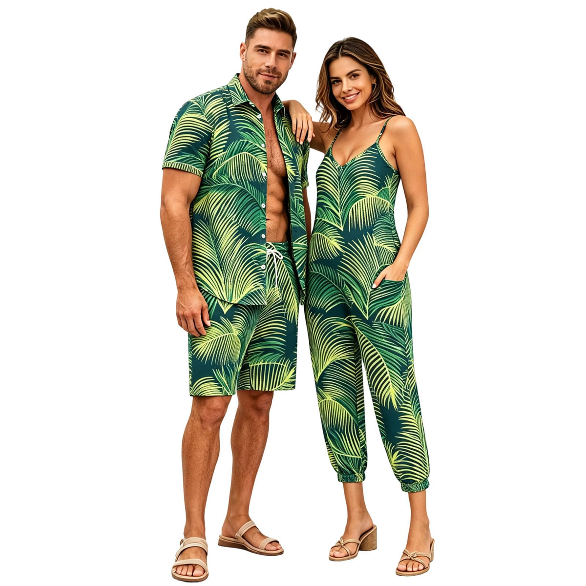Matchable Couple Hawaiian Luau Men Shirt or Women V-Neck Jumpsuit