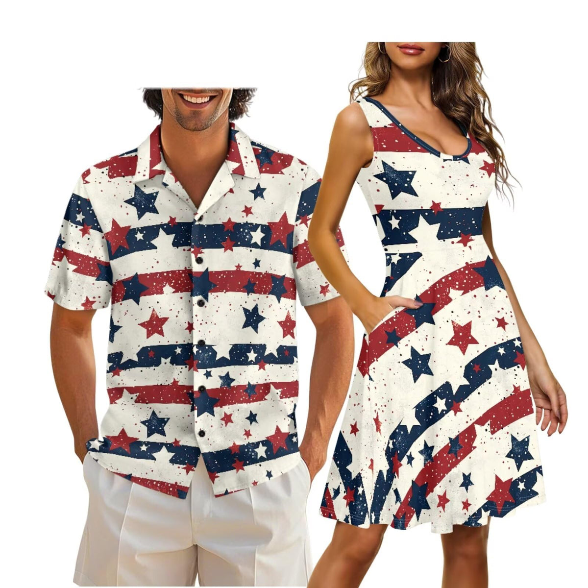Cozeyat Independence Day Matching Outfits for Couples Mens Short Sleeve Button Down Shirts Womens Sleeveless Dress