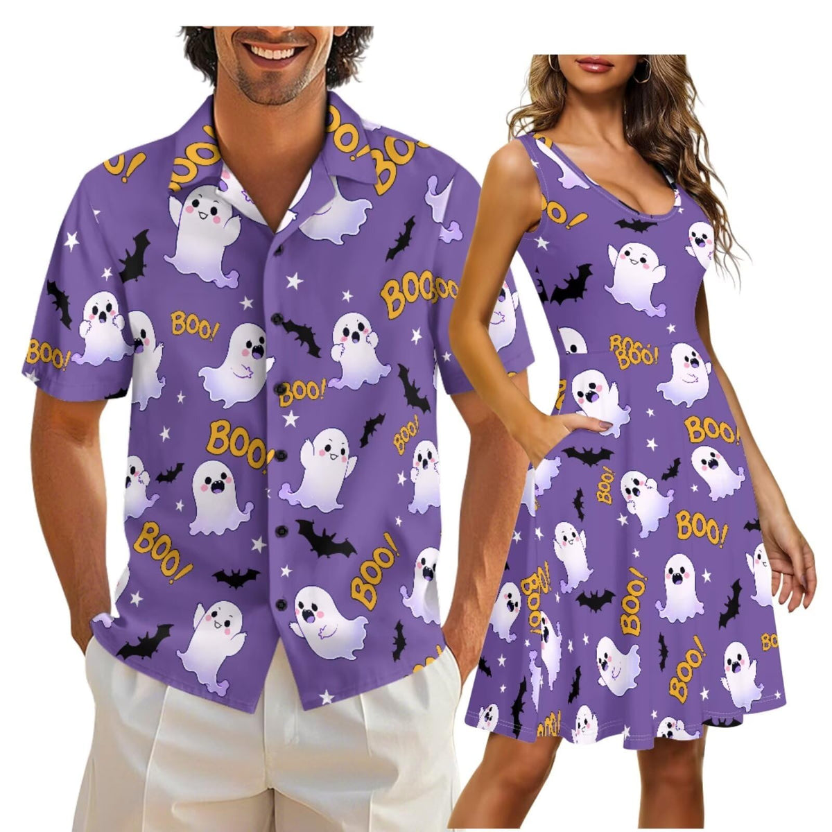 Cozeyat Matching Hawaiian Outfits for Couples Mens Button Up Polos Shirt and Women Sleeveless Sundress with Pockets