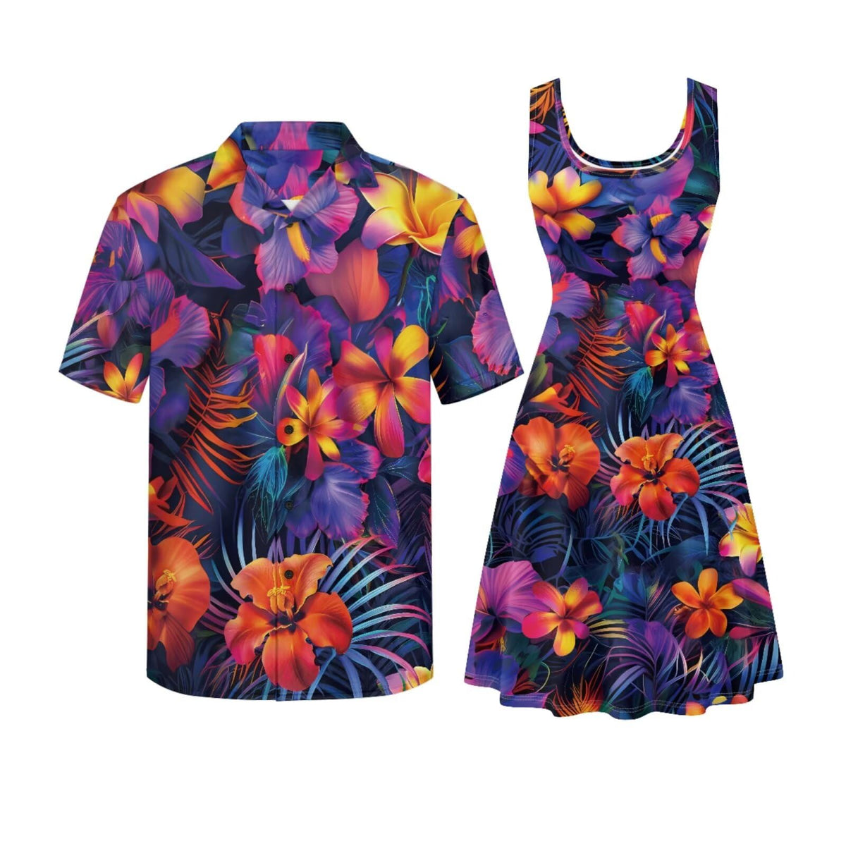 Gomyblomy Matching Hawaiian Outfits for Couples Vacation Tropical Floral Women Dress Mens Shirts His and Hers Clothing
