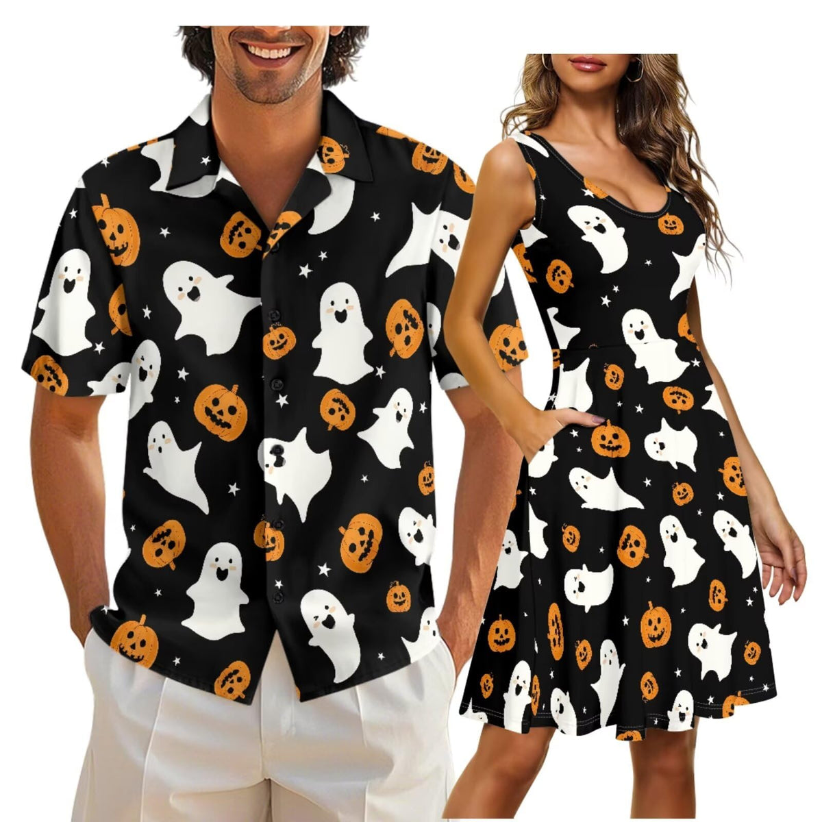 Cozeyat Matching Hawaiian Outfits for Couples Mens Button Up Polos Shirt and Women Sleeveless Sundress with Pockets