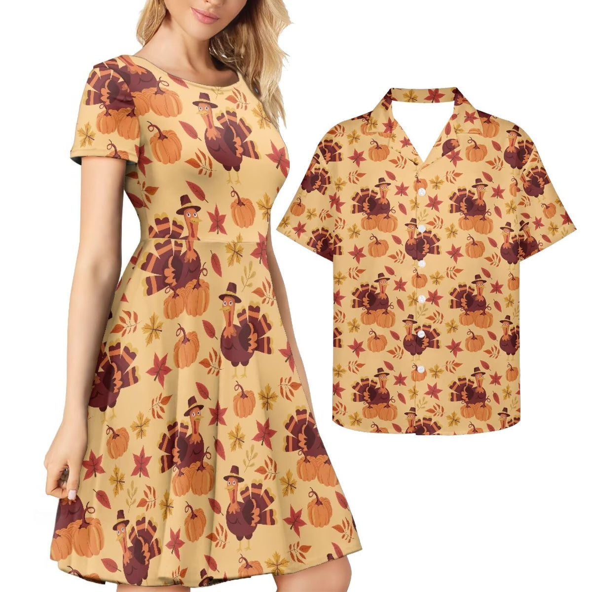 AmzPrint Couple Christmas Shirt and Dress Womens Elegant Short Sleeve Round Neck Cocktail Party Green Xmas Swing Dress