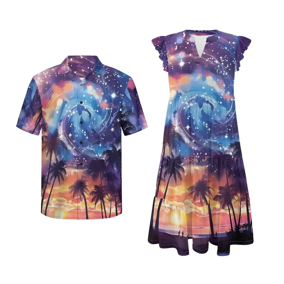 His and Hers Matching Hawaiian Outfits Mens Button Down Shirt Flowy Tiered Midi Dress