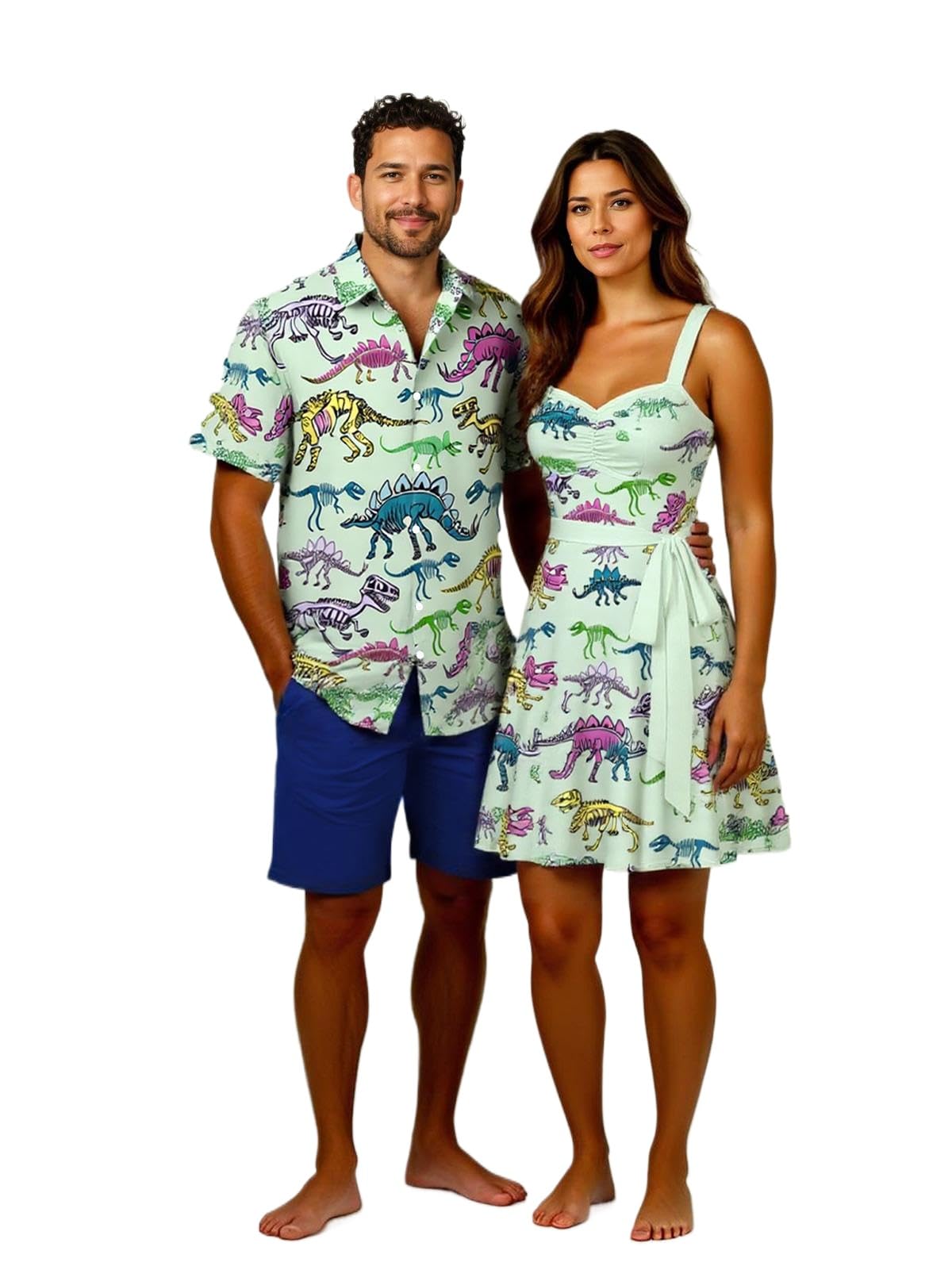 DRESSFO Couple Matching Hawaiian Outfits Allover Flower Print Sundress or Vacation Men's Button Up Shirt Outfit