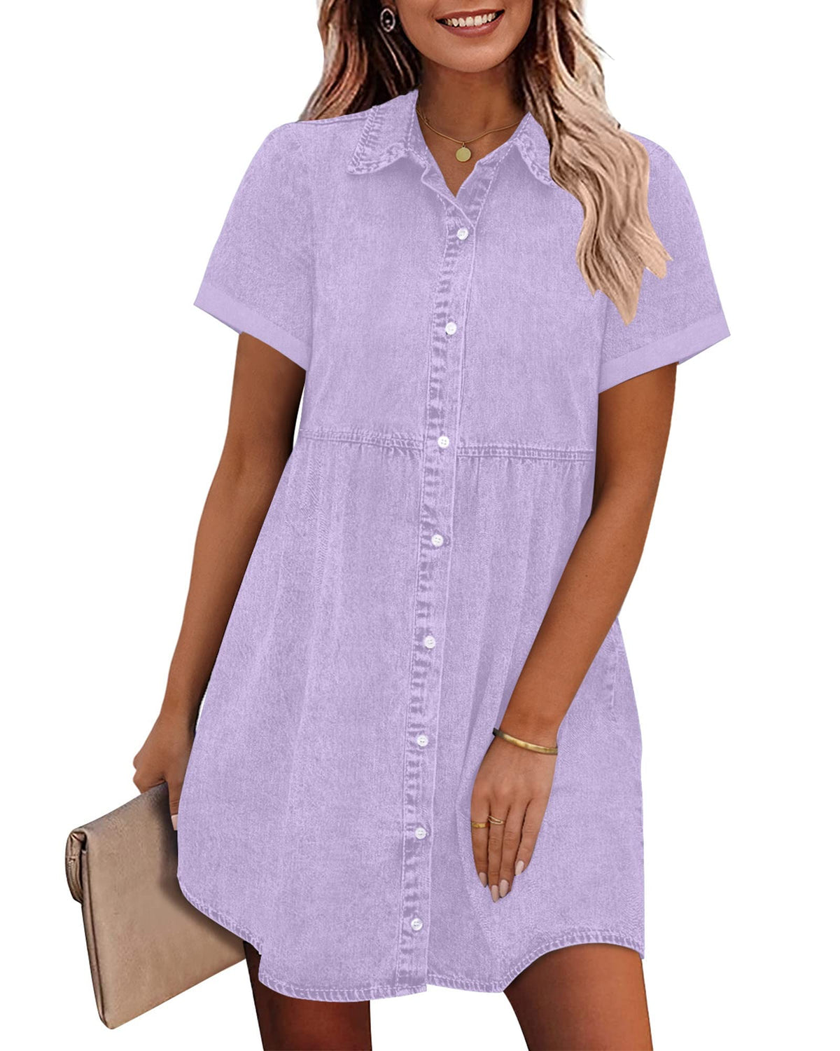 GRAPENT Denim Dress for Women Babydoll Tiered Short Sleeve Button Down Jean Shirt Dresses