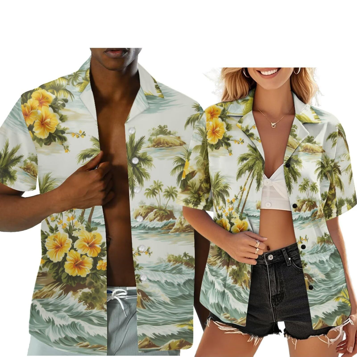 Hawaiian Couples Matching Shirt for Men Women Hawaii Outfit for Husband and Wife Beach Vacation Button Down Shirt