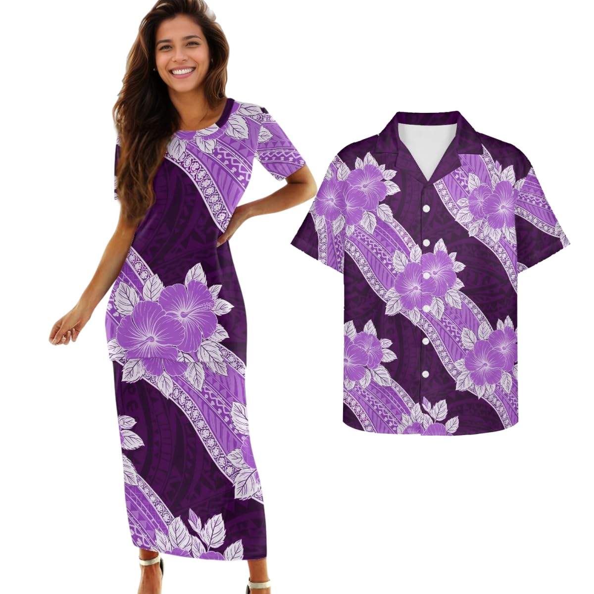 Samoa Couple Outfit Polynesian Dress for Women Traditional Puletasi Shirts for Men Beach Lava Lava Luau