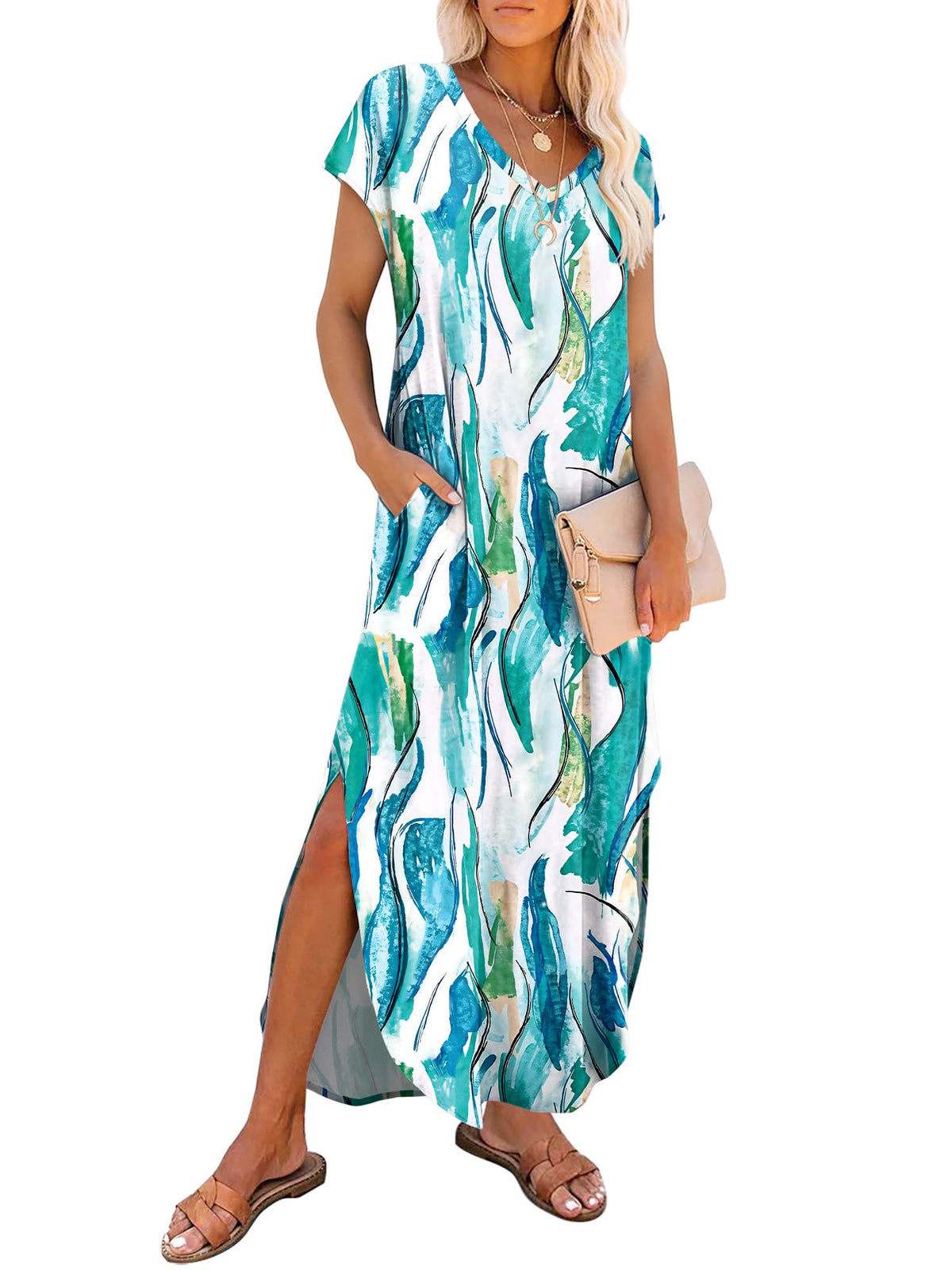 RUMIA Summer Maxi Dresses for Women Cap Sleeve Long Sundress with Pockets