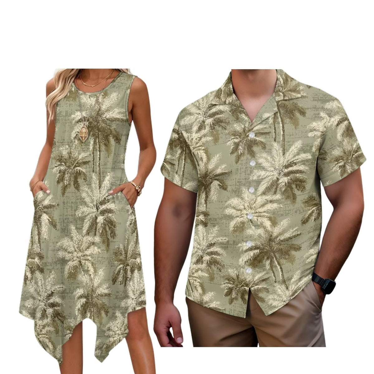 Matching Hawaiian Outfits for Couples Womens Asymmetrical Midi Dress Mens Beach Shirts Short Sleeve Button Up Shirt