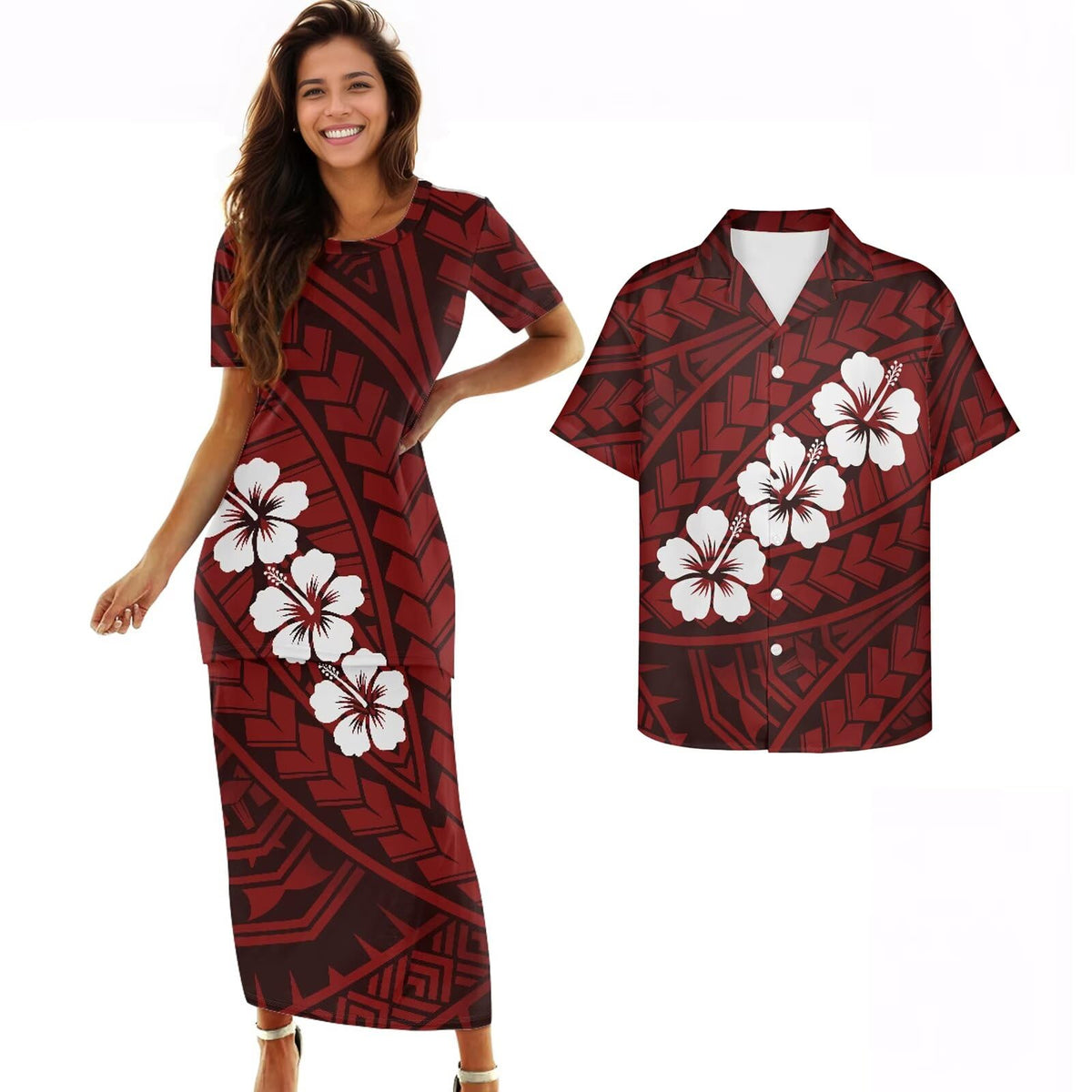Samoa Couple Outfit Polynesian Dress for Women Traditional Puletasi Shirts for Men Beach Lava Lava Luau