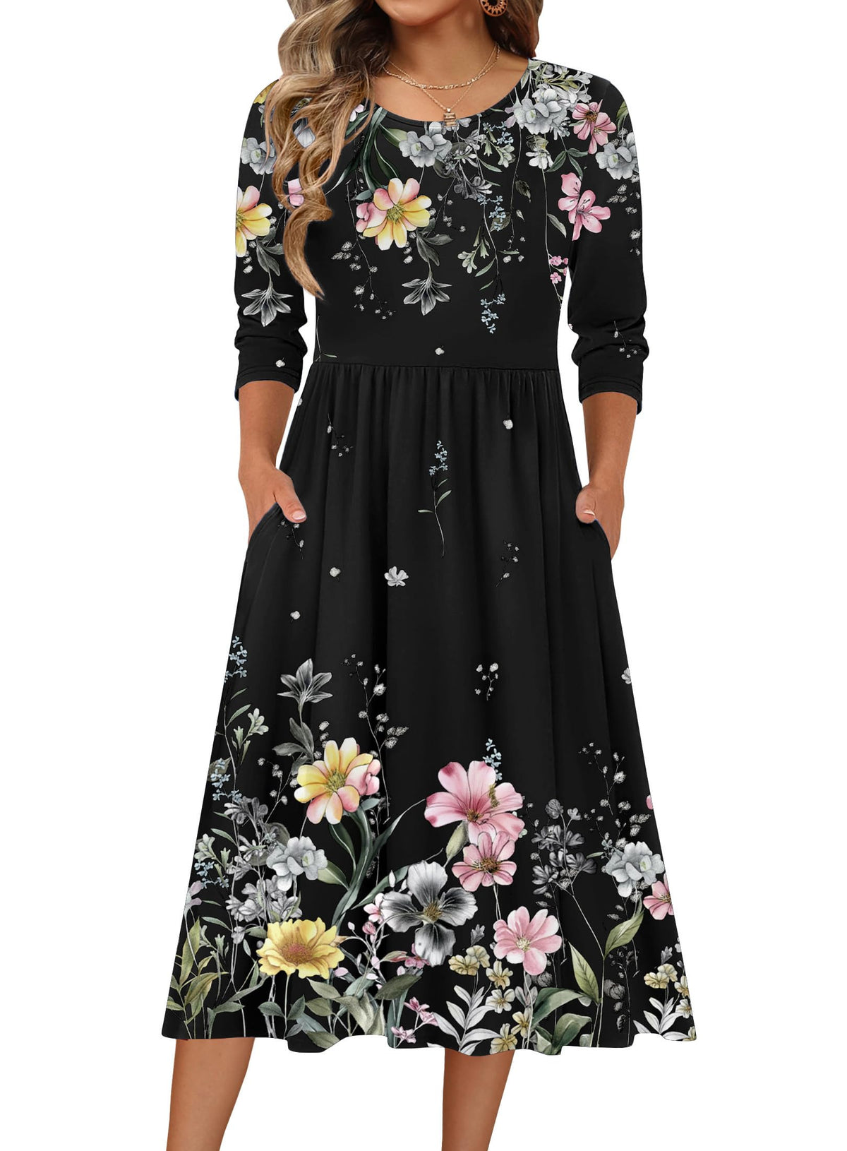 Zeagoo 3/4 Sleeve Women's Dress Casual Aline Summer Fall Midi Long Dresses