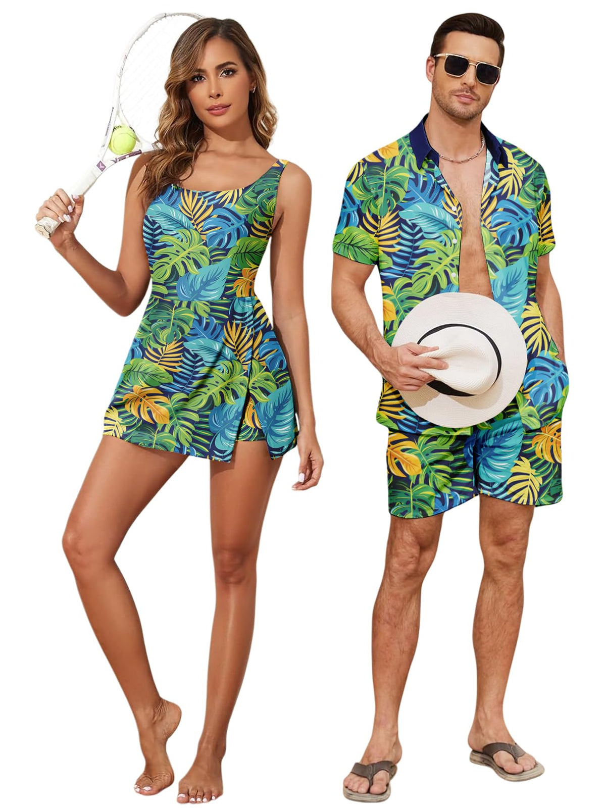 Matching Hawaiian Outfits Beach Vacation for Couples Tropical Print Women One Piece Swimwear or Men Shirt Suit