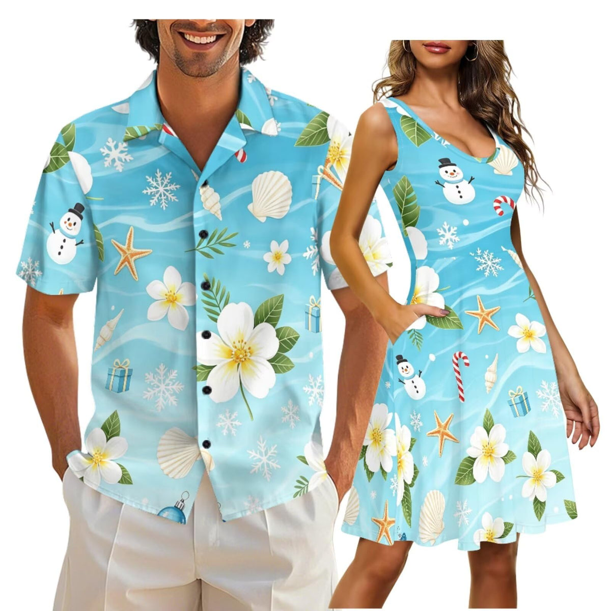 Gomyblomy Matching Hawaiian Outfits for Couples Vacation Tropical Floral Women Dress Mens Shirts His and Hers Clothing