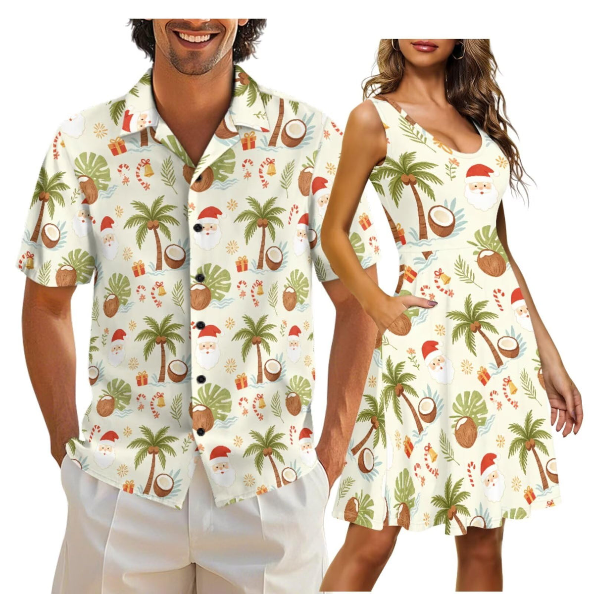 Cozeyat Matching Hawaiian Outfits for Couples Mens Button Up Polos Shirt and Women Sleeveless Sundress with Pockets