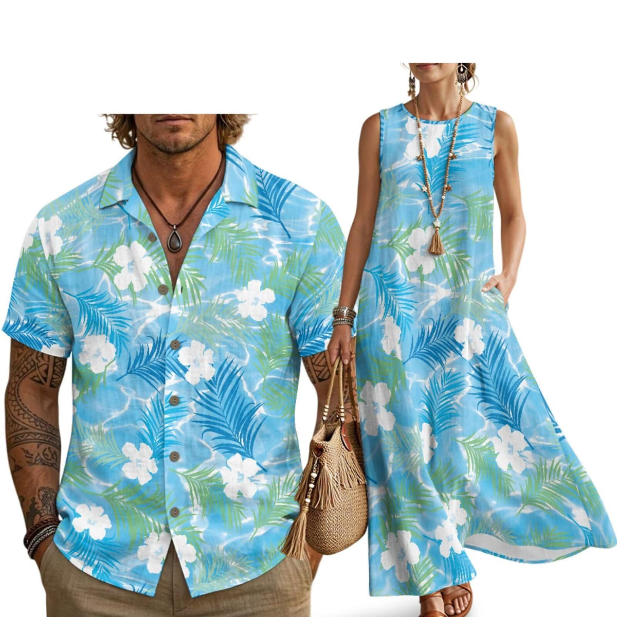 Husband and Wife Clothes Linen Casual Shirt for Men Maxi Dress for Women Summer Dress Matching Vacation Clothes