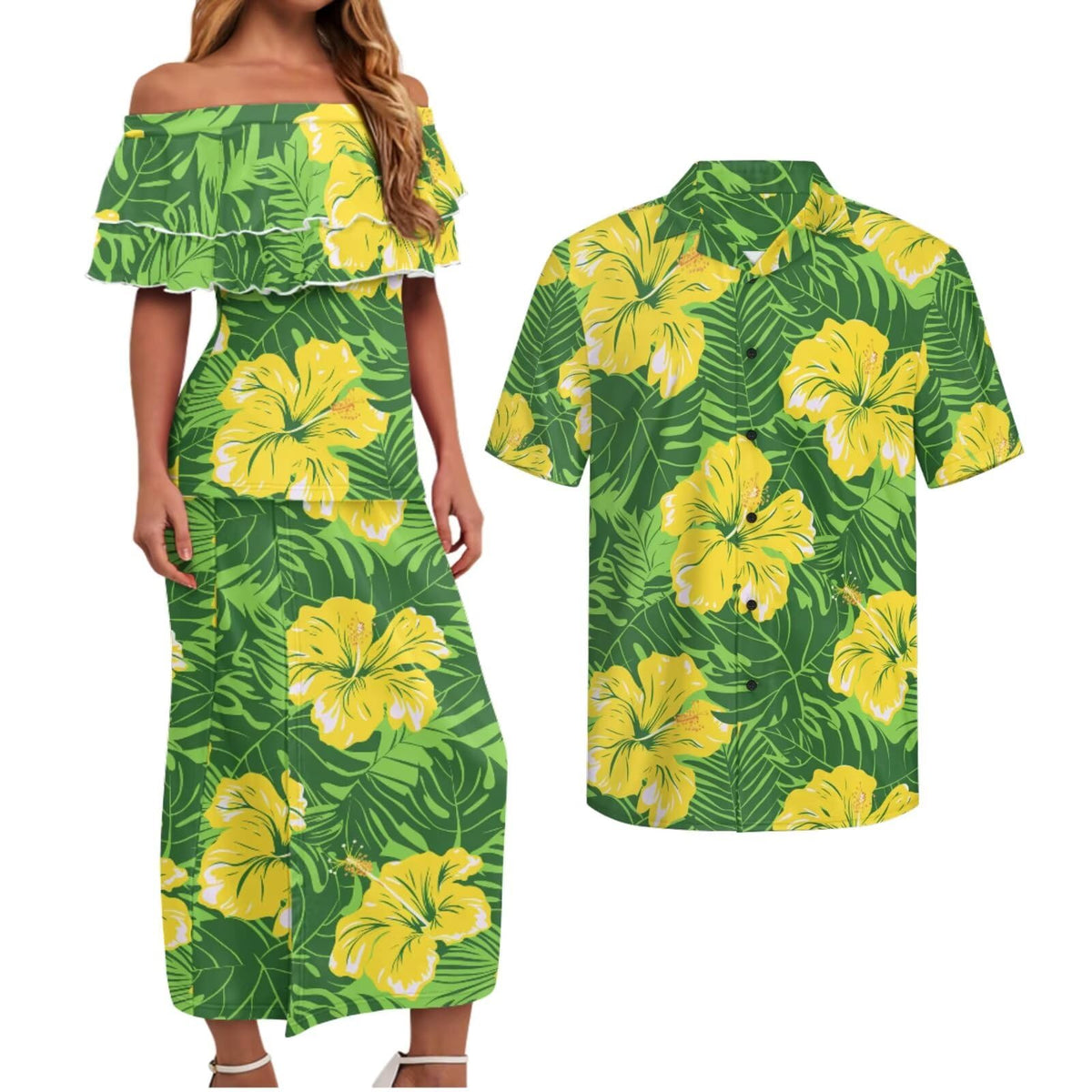 Polynesian Couples Matching Outfits Short Sleeve Puletsai Samoan Traditional Dress & Man Shirts