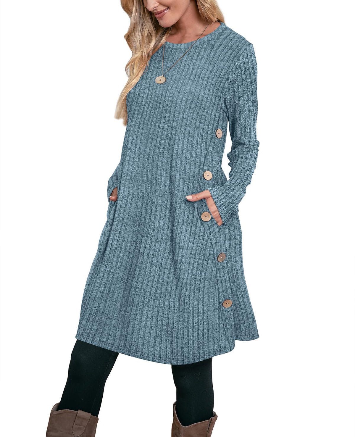 OFEEFAN Fall Dresses for Women 2026 Crew Neck Long Sleeve Dress with Pockets