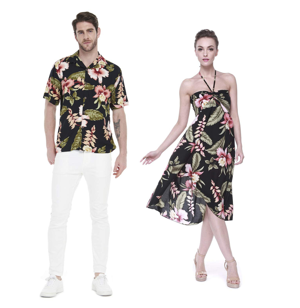 Couple Matching Hawaiian Luau Party Outfit Set Shirt Dress in Black Rafelsia