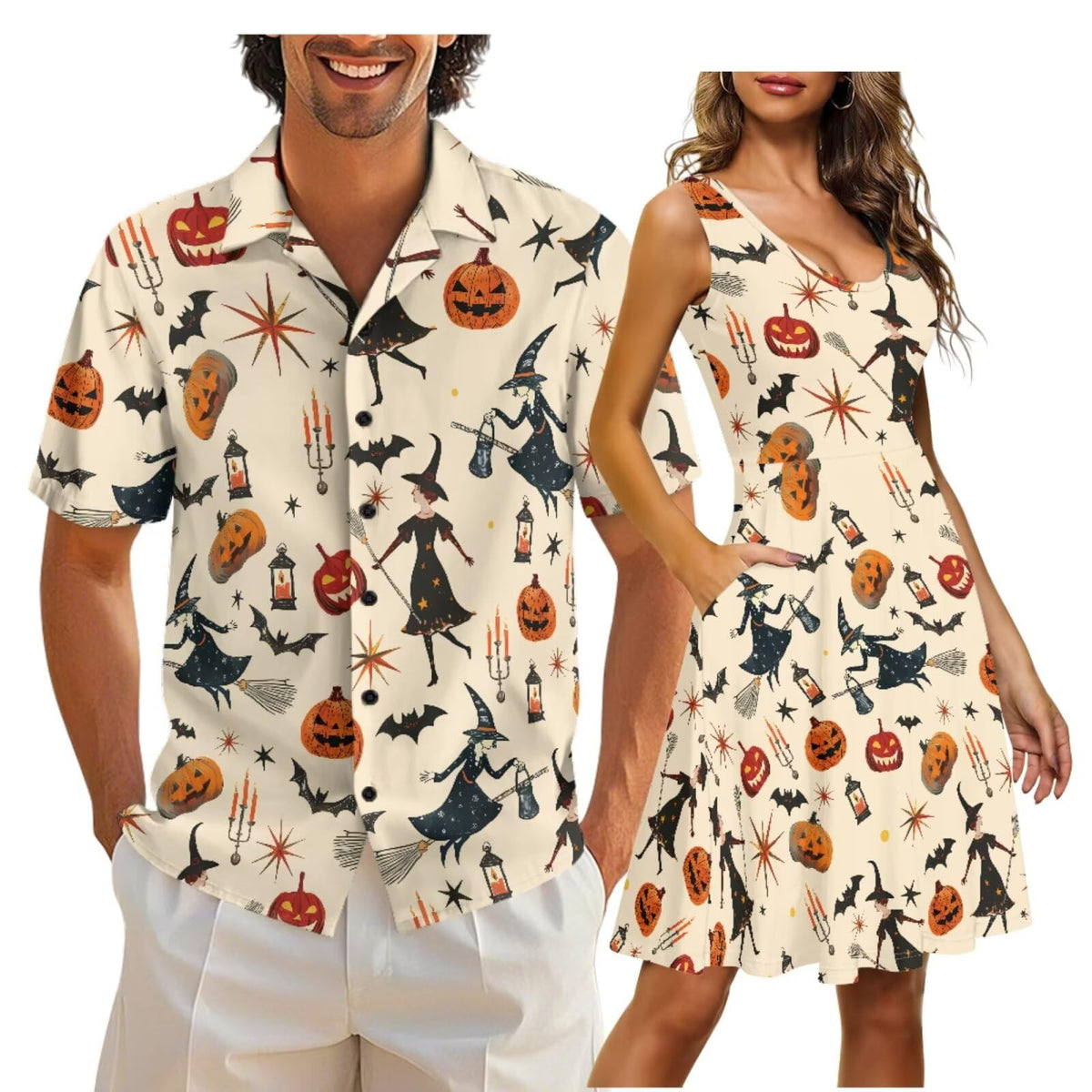 Gomyblomy Matching Hawaiian Outfits for Couples Vacation Tropical Floral Women Dress Mens Shirts His and Hers Clothing