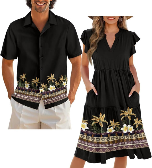 Matching Hawaiian Outfits for Couples Matching Tropical Outfits Vacation Clothes Womens Summer Dresses Mens Shirts