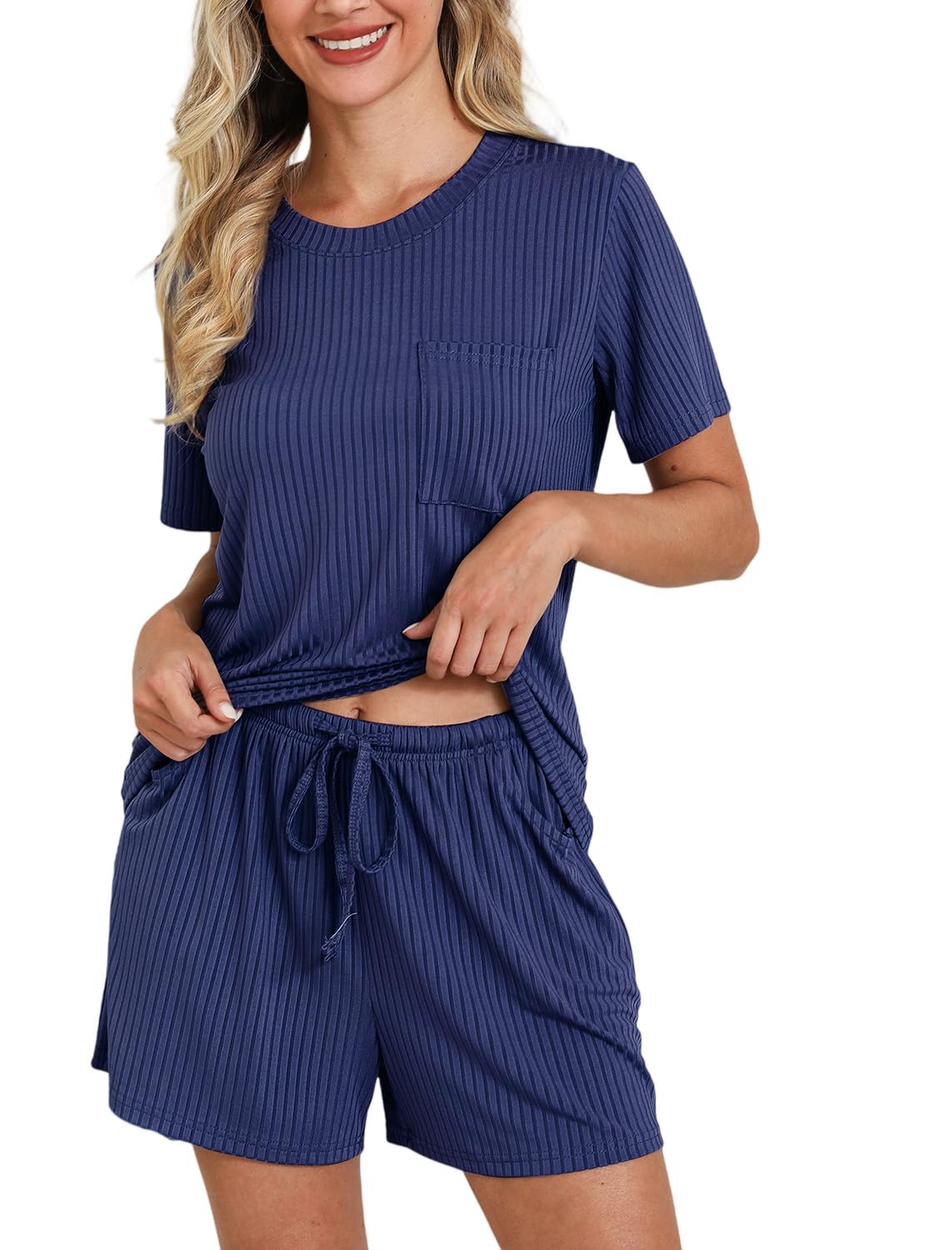 EISHOPEER Matching Pajamas for Couples 2 Piece Lounge Set Ribbed Knit Pajama Matching Tops and Shorts Soft Sleepwear S-XXL