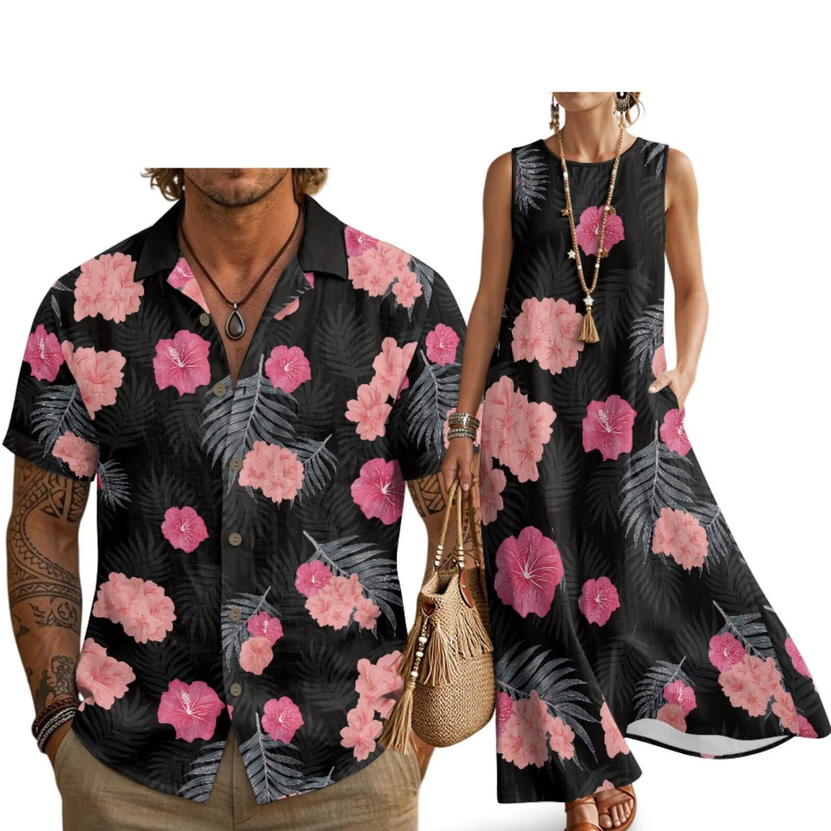 Husband and Wife Clothes Linen Casual Shirt for Men Maxi Dress for Women Summer Dress Matching Vacation Clothes