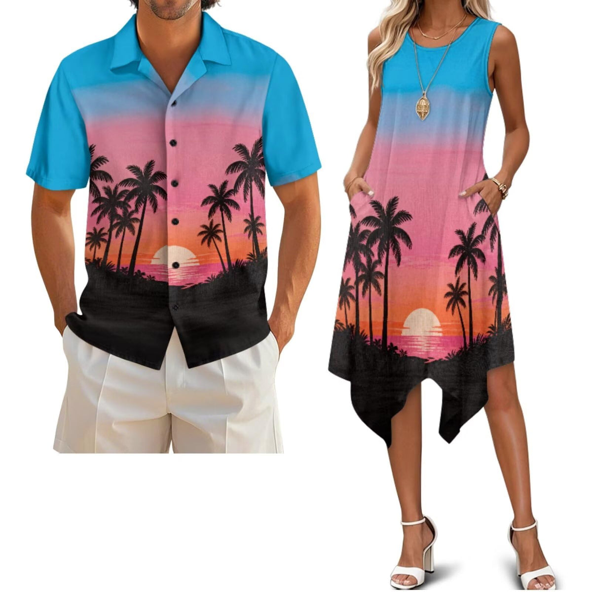 Belidome Couples Matching Outfits Husband and Wife Clothes Sleeveless Dress Button Down Short Sleeve Shirts