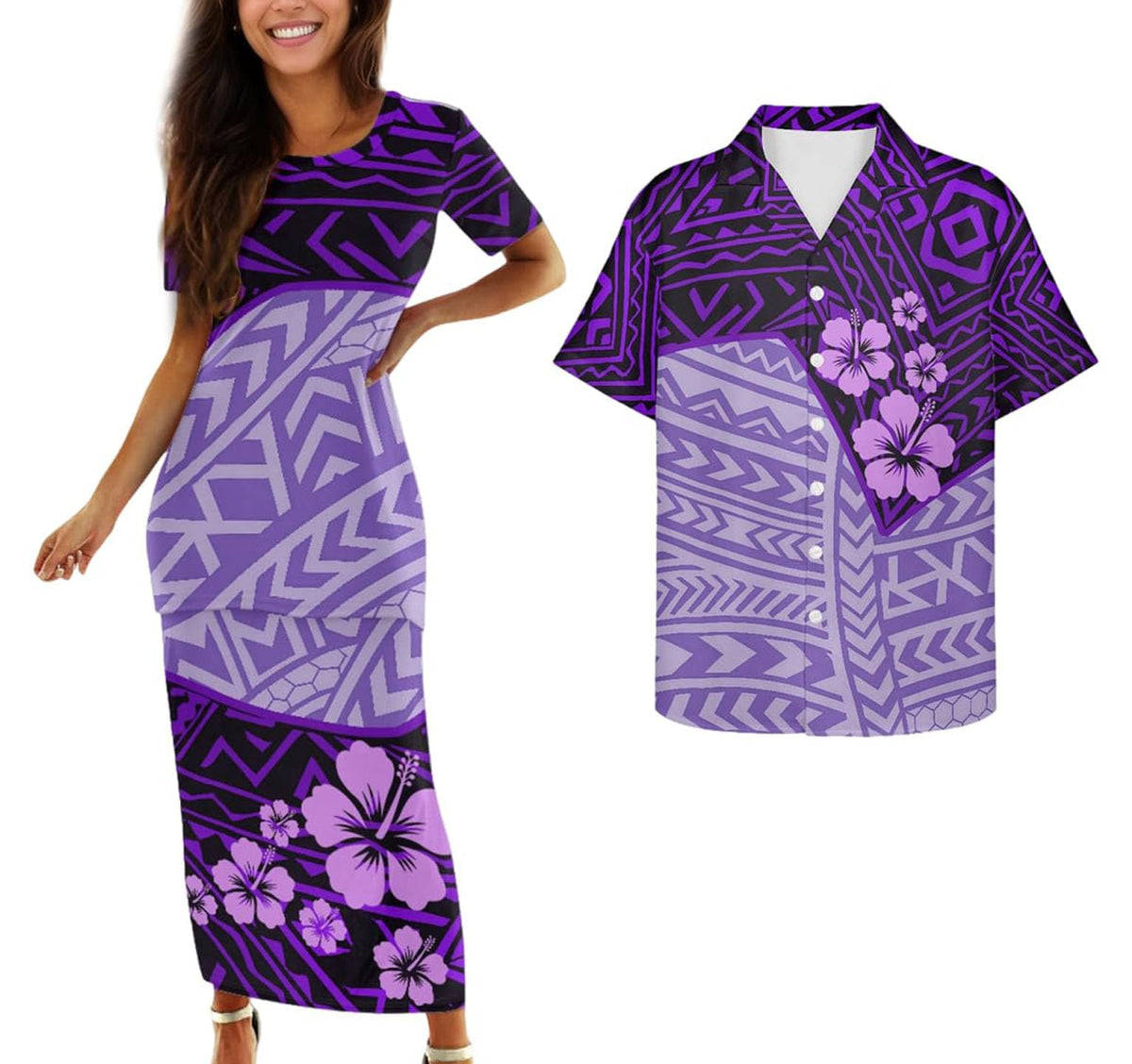 Samoa Couple Outfit Polynesian Dress for Women Traditional Puletasi Shirts for Men Beach Lava Lava Luau
