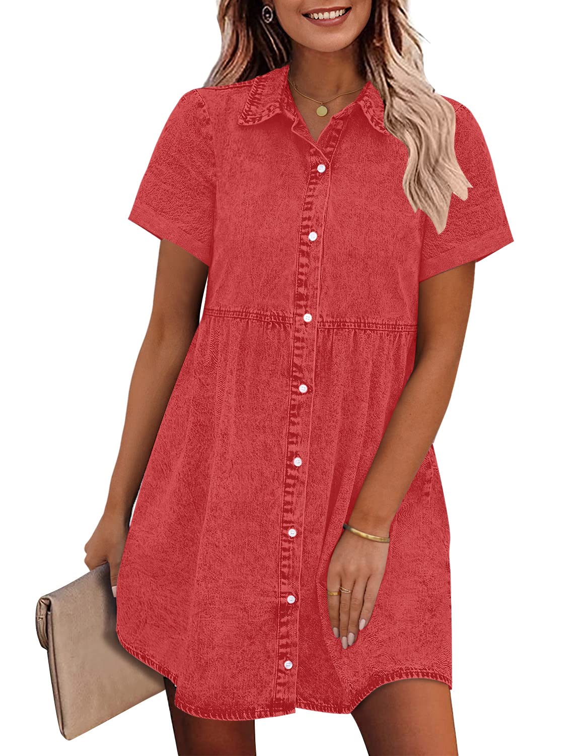 GRAPENT Denim Dress for Women Babydoll Tiered Short Sleeve Button Down Jean Shirt Dresses