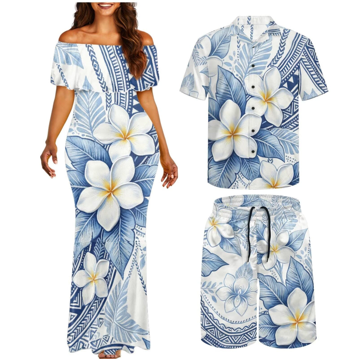 Matchable Couple Hawaiian Polynesian Puletasi Samoa Womens Dress with Mens Shirt and Mens Shorts Couple Set