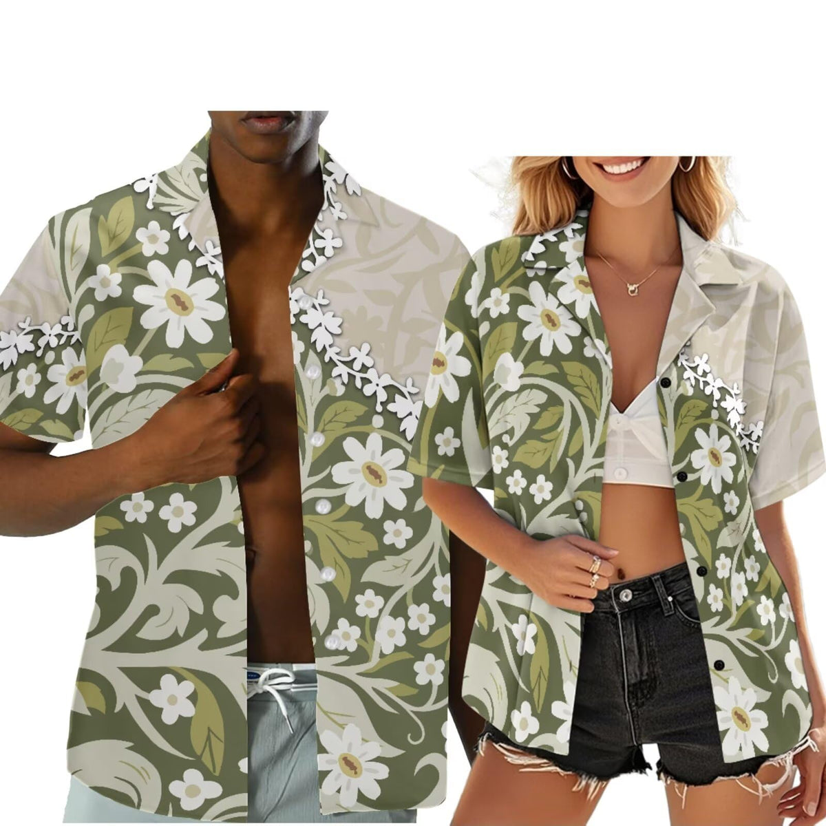 Hawaiian Couples Matching Shirt for Men Women Hawaii Outfit for Husband and Wife Beach Vacation Button Down Shirt