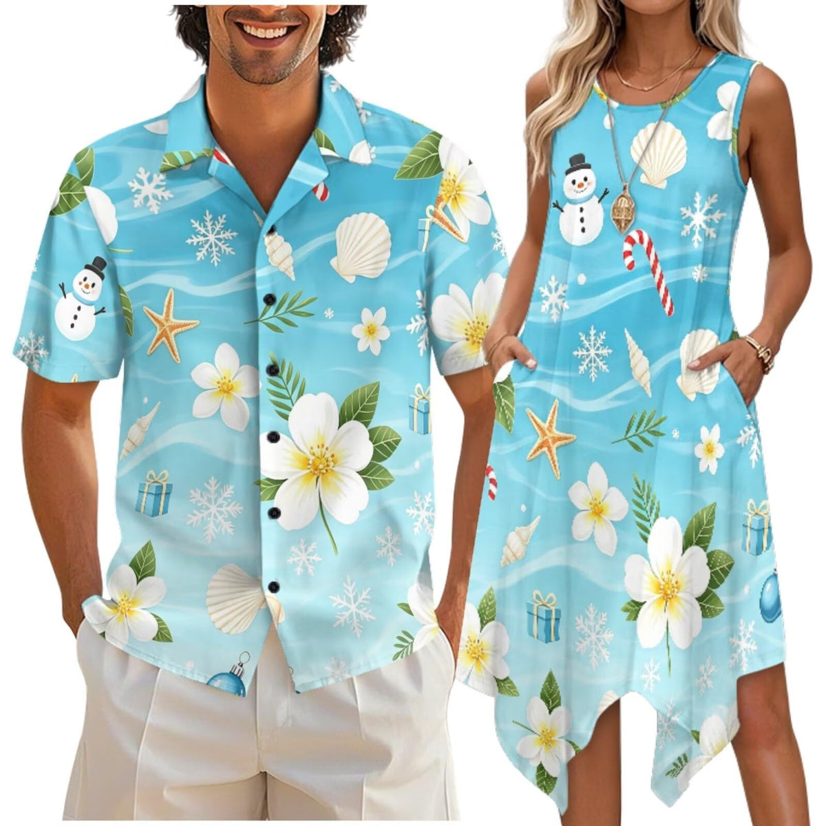 doginthehole Matching Hawaiian Outfits for Couples Men's Button Down Shirt Sleeveless Sundresses Summer Dress for Women