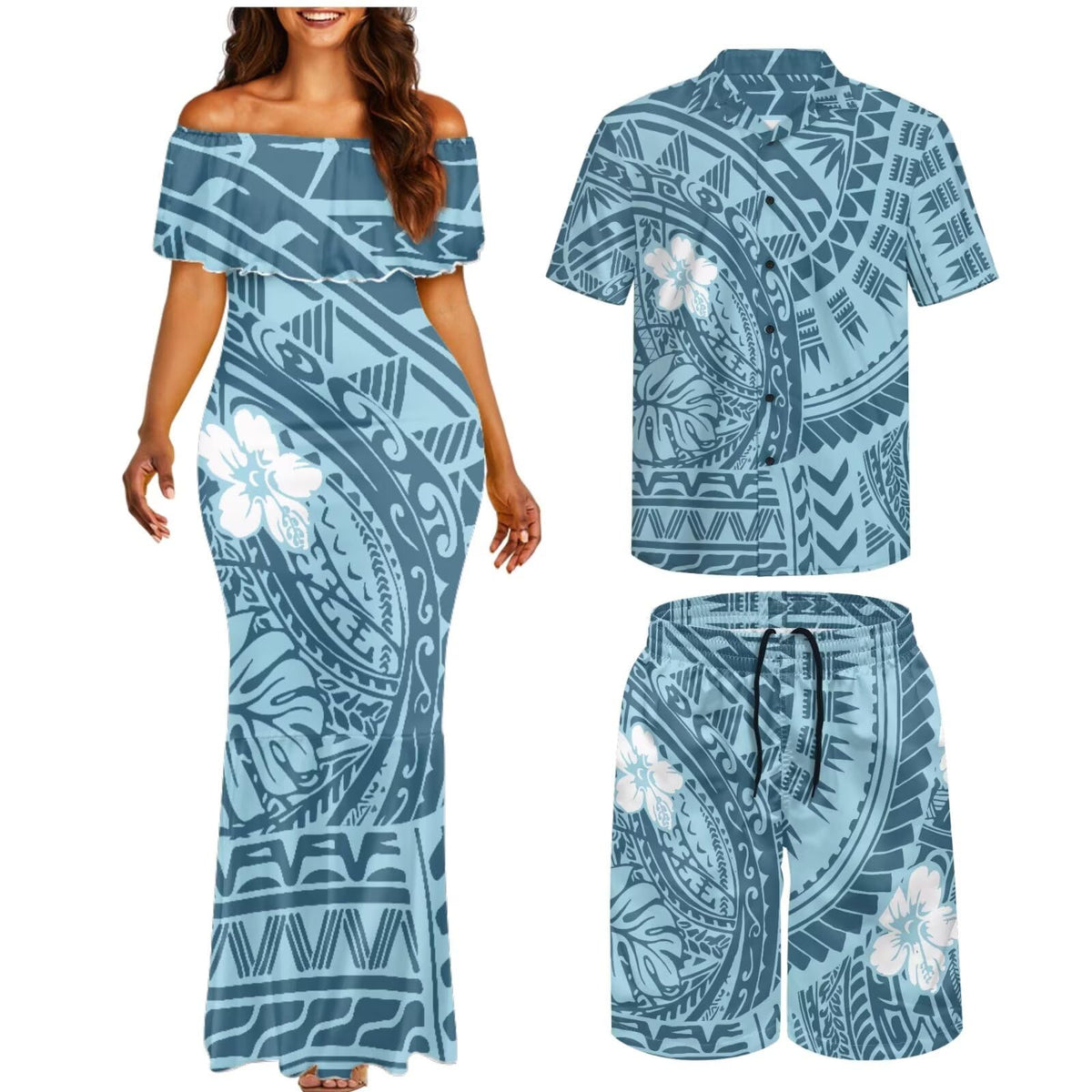 Matchable Couple Hawaiian Polynesian Puletasi Samoa Womens Dress with Mens Shirt and Mens Shorts Couple Set