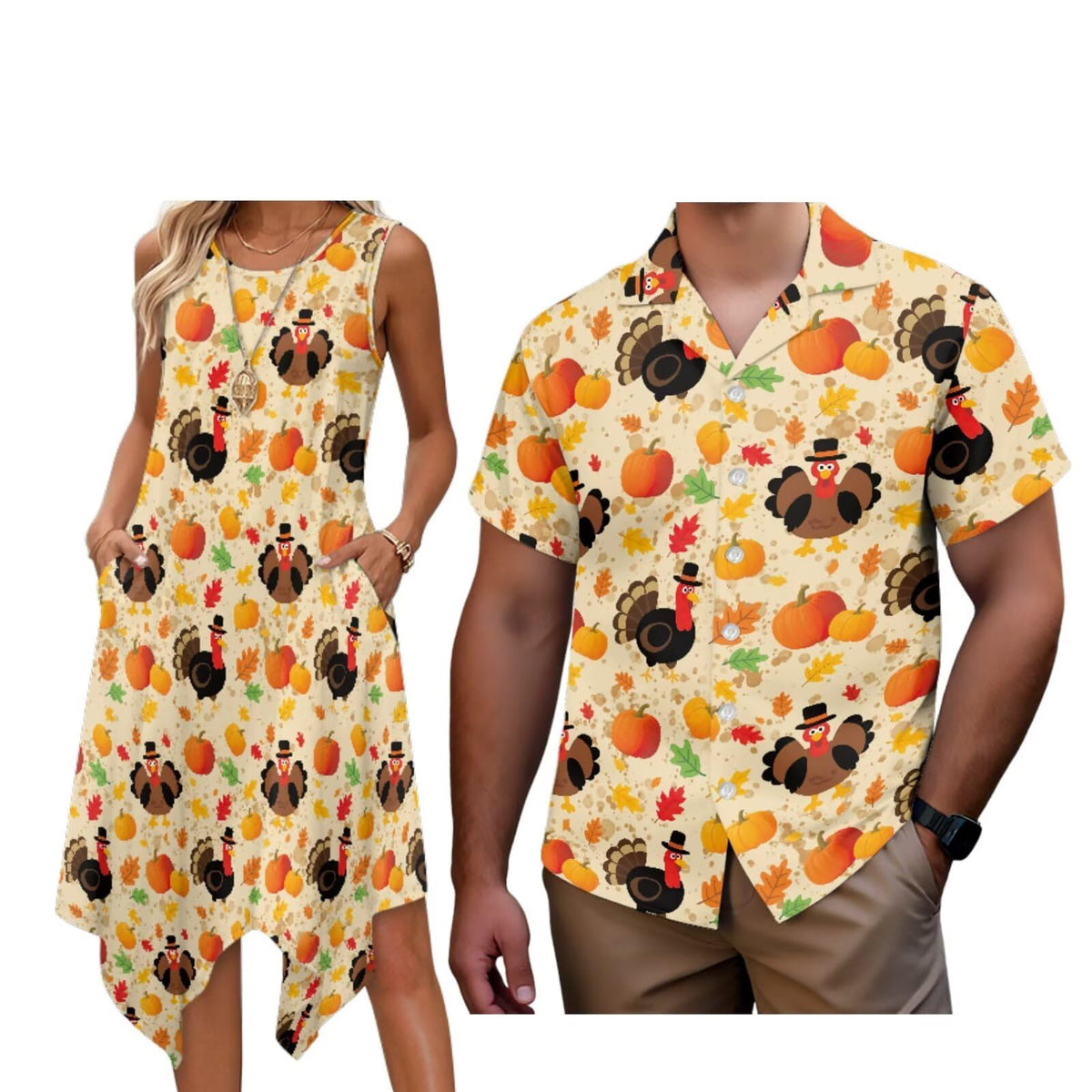 Matching Hawaiian Outfits for Couples Womens Asymmetrical Midi Dress Mens Beach Shirts Short Sleeve Button Up Shirt
