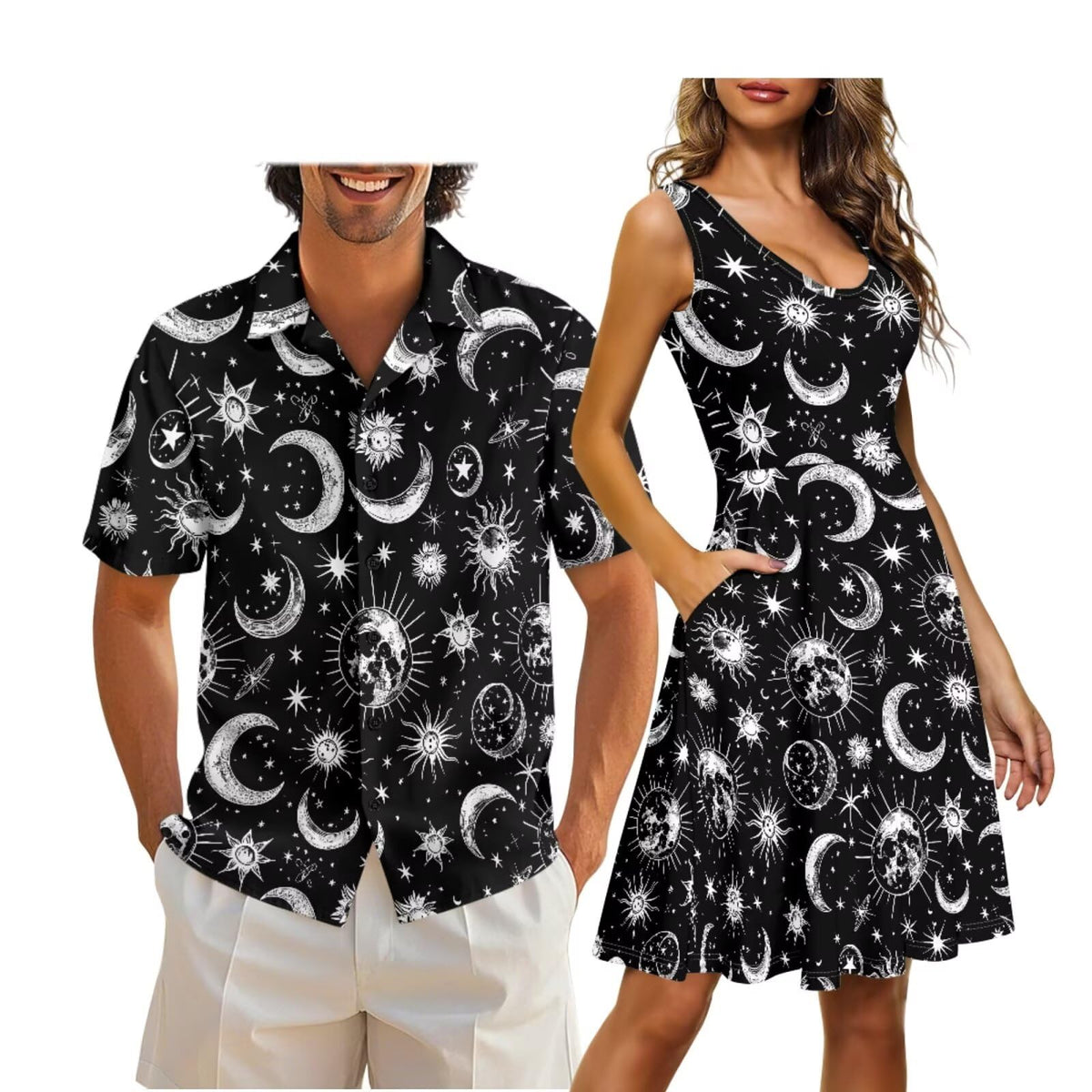 Cozeyat Matching Hawaiian Outfits for Couples Mens Button Up Polos Shirt and Women Sleeveless Sundress with Pockets
