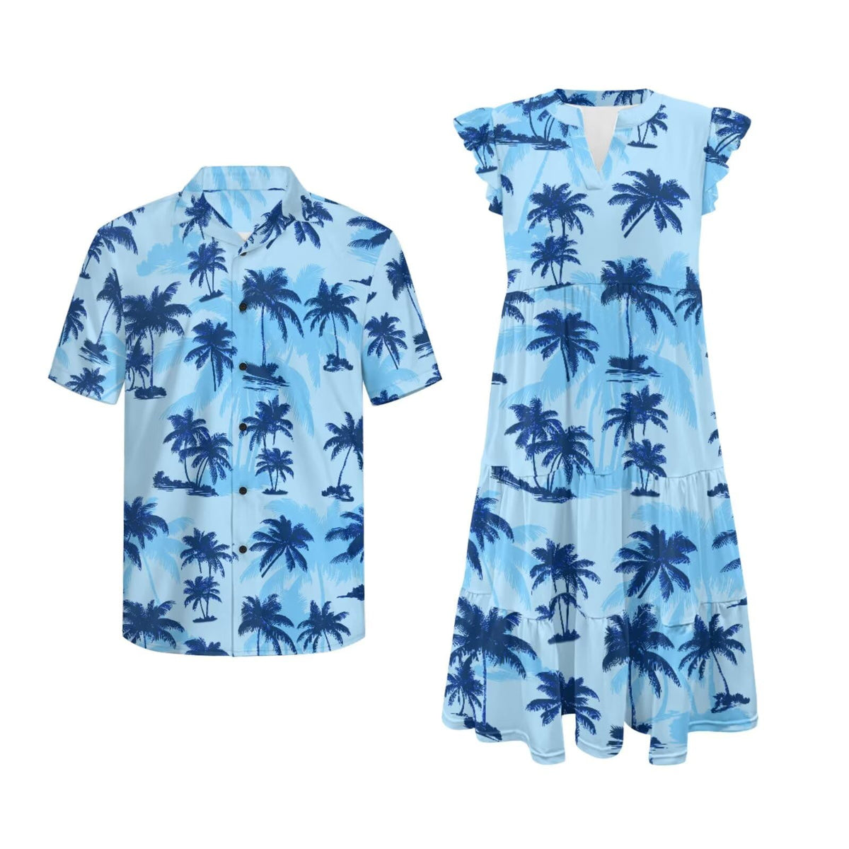 His and Hers Matching Hawaiian Outfits Mens Button Down Shirt Flowy Tiered Midi Dress