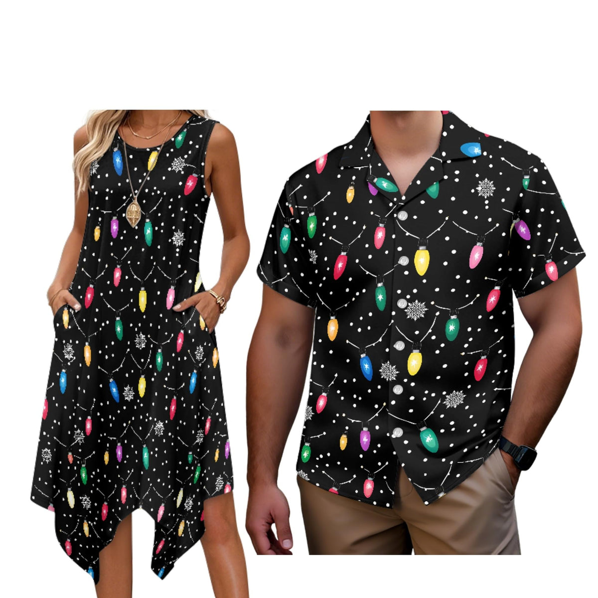 Matching Hawaiian Outfits for Couples Womens Asymmetrical Midi Dress Mens Beach Shirts Short Sleeve Button Up Shirt