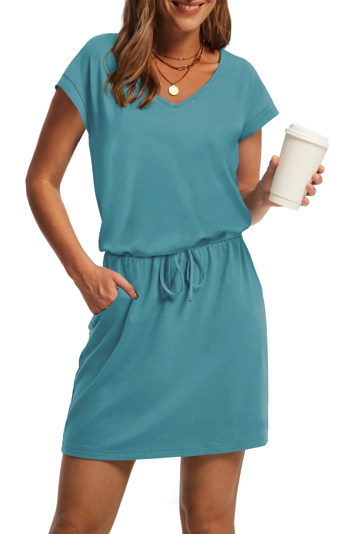 OFEEFAN Summer Dresses for Women 2026 V Neck T Shirt Casual Mini Dresses Tie Waist Sundresses with Pockets